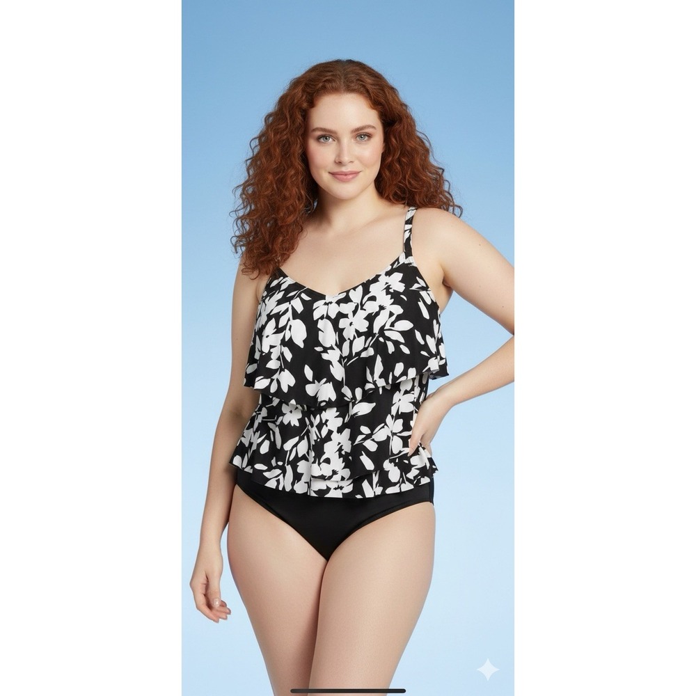 Women's Ruffle Tiered Tankini Top Aqua Green Size Small 4/6 Floral Black & White